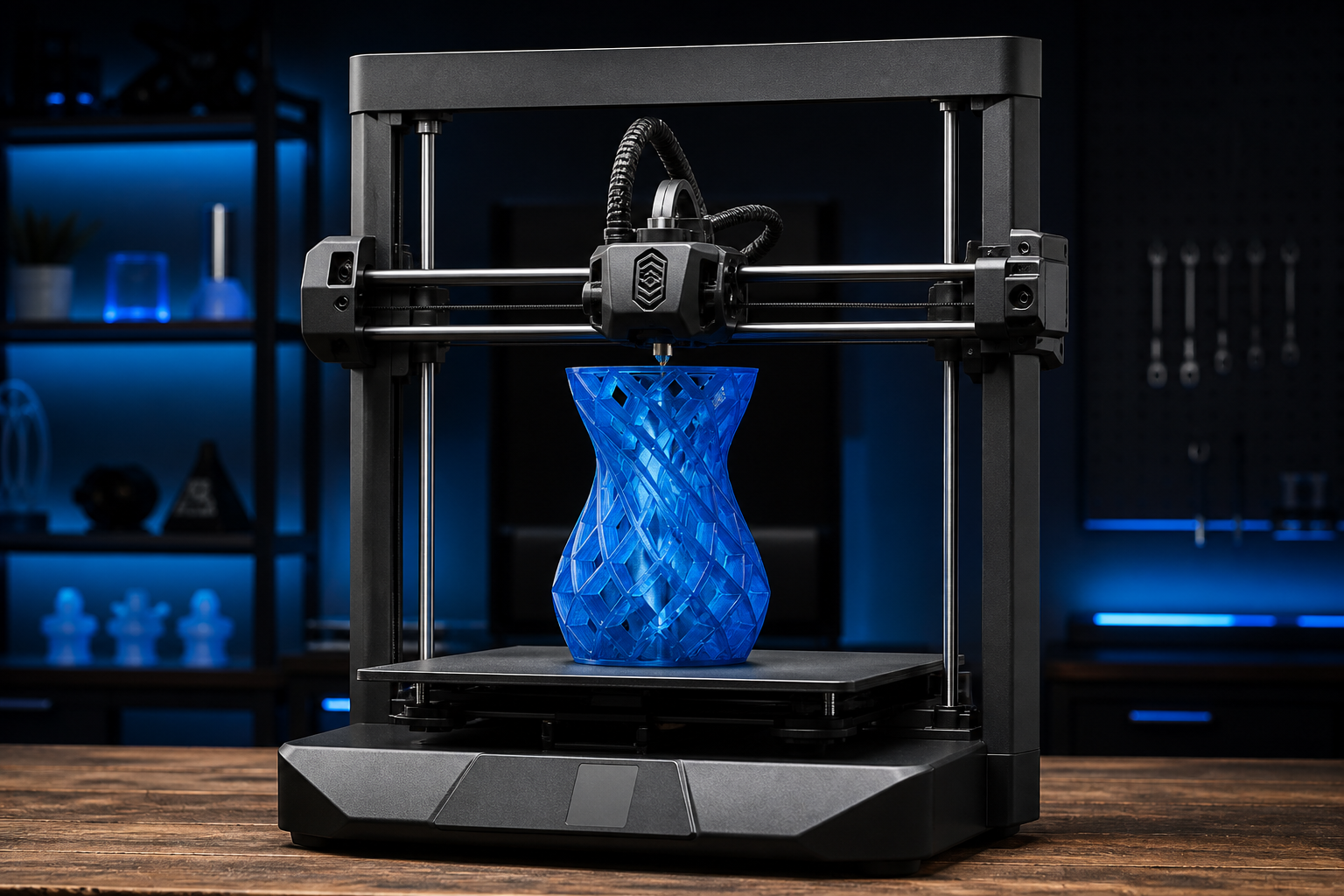 Impressora 3D produzindo um vaso geométrico azul